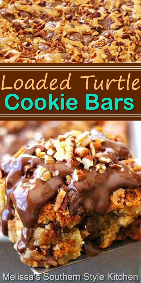 Loaded Turtle Cookie Bars are filled with Rolo candies, chocolate and pecans all wrapped up in a buttery cookie batter. #cookiebars #turtlecookiebars #turtlecandy #desserts #dessertfoodrecipes #sweets #caramel #pecans #southernfood #southernrecipes #cookies #holidaybaking #holidayrecipes