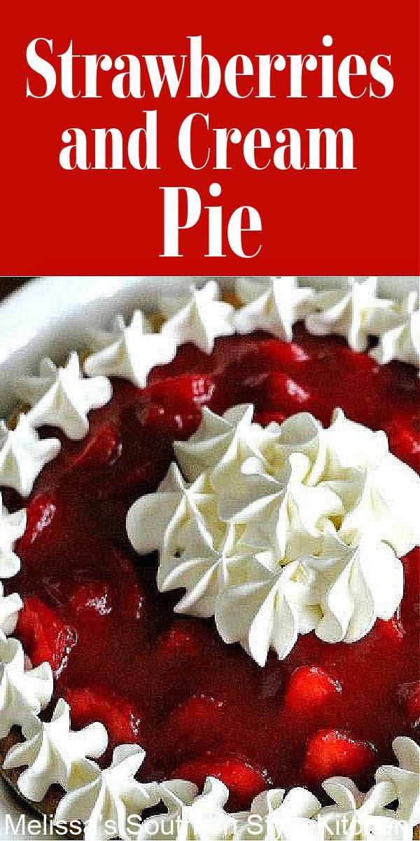 This fresh Strawberries and Cream Pie has a whipped cheesecake layer hidden inside #strawberrypie #strawberriesandcream #pierecipes #strawberries #cheesecake #strawberrydesserts #freshstrawberries #desserts #dessertfoodrecipes #summerdesserts #southernfood #southernrecipes via @melissasssk