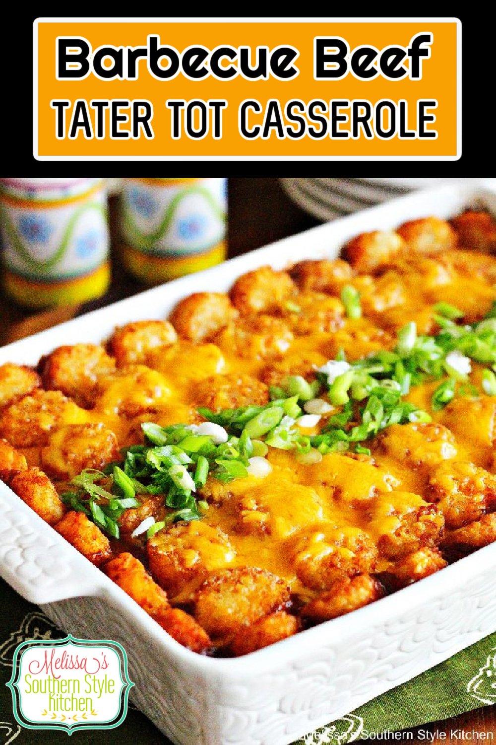 Barbecue Beef Tater Tot Casserole is a hearty one dish meal #bbq #barbecuebeef #tatertotcasserole #dinnerideas #casserolerecipes #southernrecipes #southernfood #barbecue #easyrecipes via @melissasssk