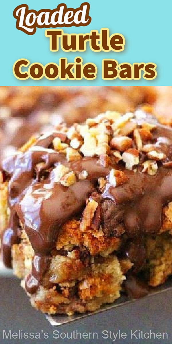 Loaded Turtle Cookie Bars are filled with Rolo candies, chocolate and pecans all wrapped up in a buttery cookie batter. #cookiebars #turtlecookiebars #turtlecandy #desserts #dessertfoodrecipes #sweets #caramel #pecans #southernfood #southernrecipes #cookies #holidaybaking #holidayrecipes via @melissasssk
