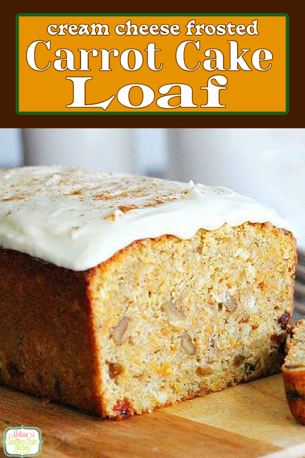 Enjoy a slice of this Cream Cheese Frosted Carrot Cake Loaf for breakfast, brunch or dessert #carrotcake #carrotcakeloaf #carrotcakerecipes #easterdessets #brunchrecipes #breakfastrecipes #loafcakerecipes #creamcheesefrosting via @melissasssk