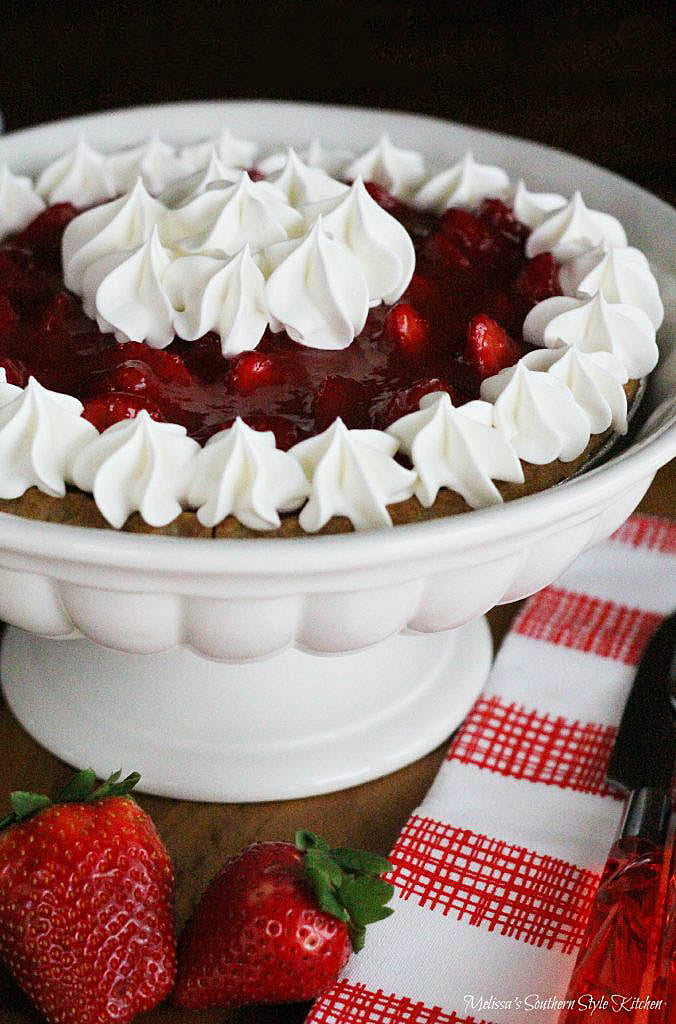 Strawberries and Cream Pie with Cheesecake Layer in a dish