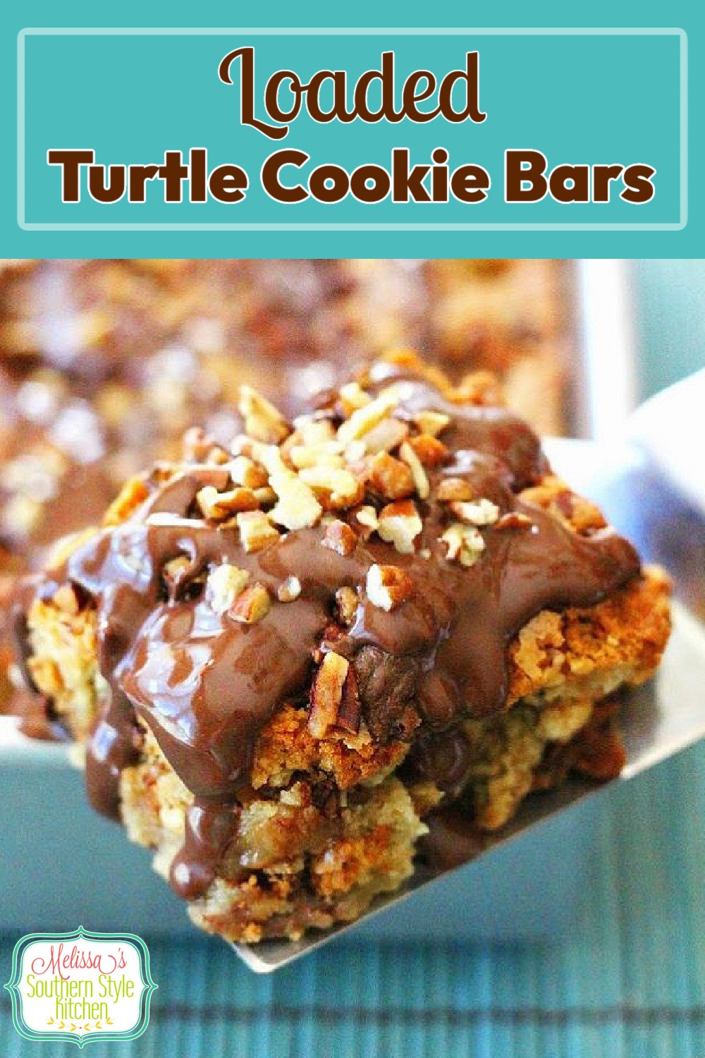 Loaded Turtle Cookie Bars are filled with Rolo candies, chocolate and pecans all wrapped up in a buttery cookie batter. #cookiebars #turtlecookiebars #turtlecandy #desserts #dessertfoodrecipes #sweets #caramel #pecans #southernfood #southernrecipes #cookies #holidaybaking #holidayrecipes via @melissasssk