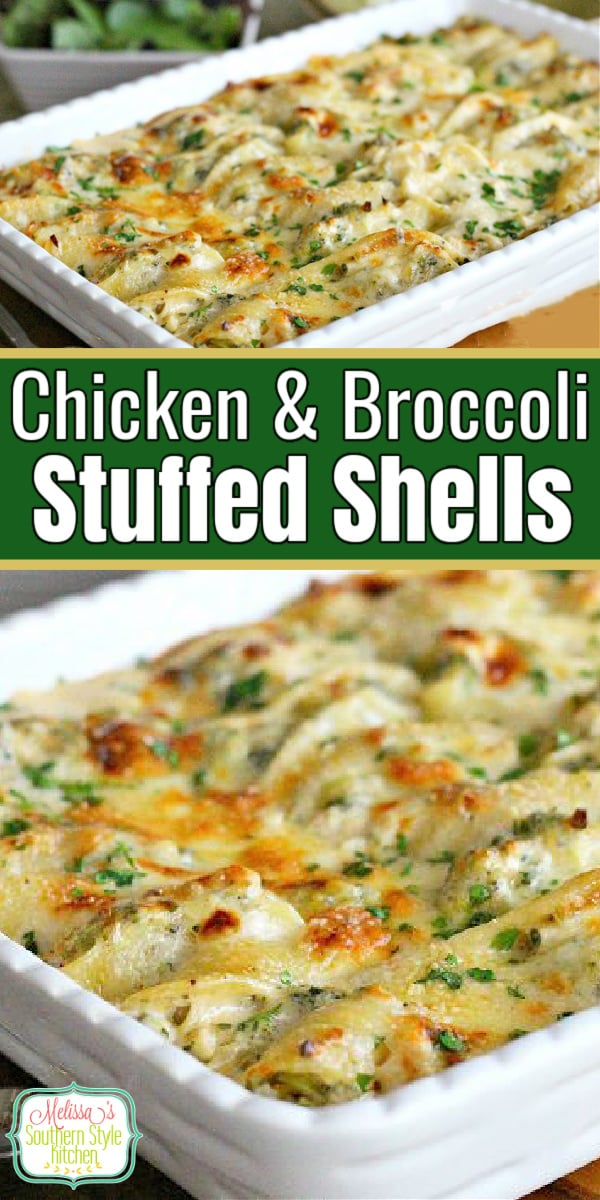 These easy Chicken and Broccoli Stuffed Shells are smothered with Alfredo sauce then baked until bubbly and golden #chickenandbroccoli #chickenstuffedshells #alfredochicken #pastarecipes #southernfood #Italian #easychickenrecipes #dinnerideas #dinner #southernrecipes #stuffedshells via @melissasssk