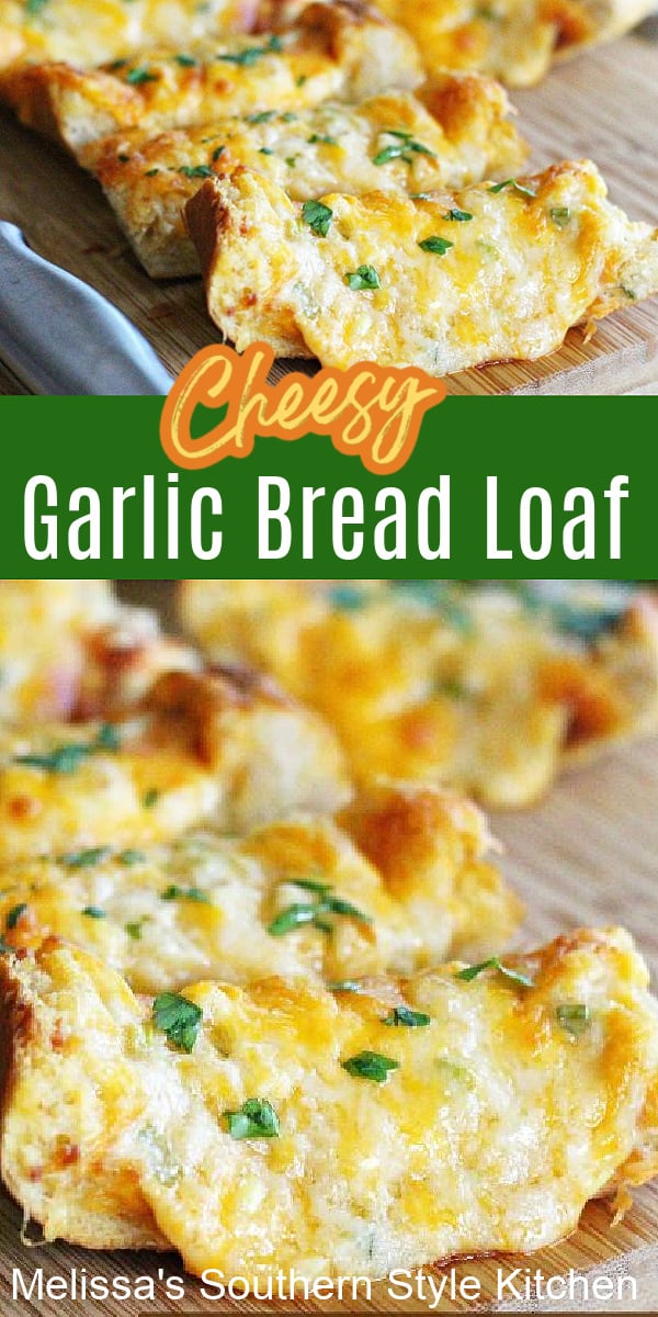 Ooey gooey delicious Cheesy Garlic Bread Loaf can be served as an appetizer or a side dish #galicbread #cheesebread #breadrecipes #appetizers #sidedishes #cheese #garlicbread #southernfood #southernrecipes
