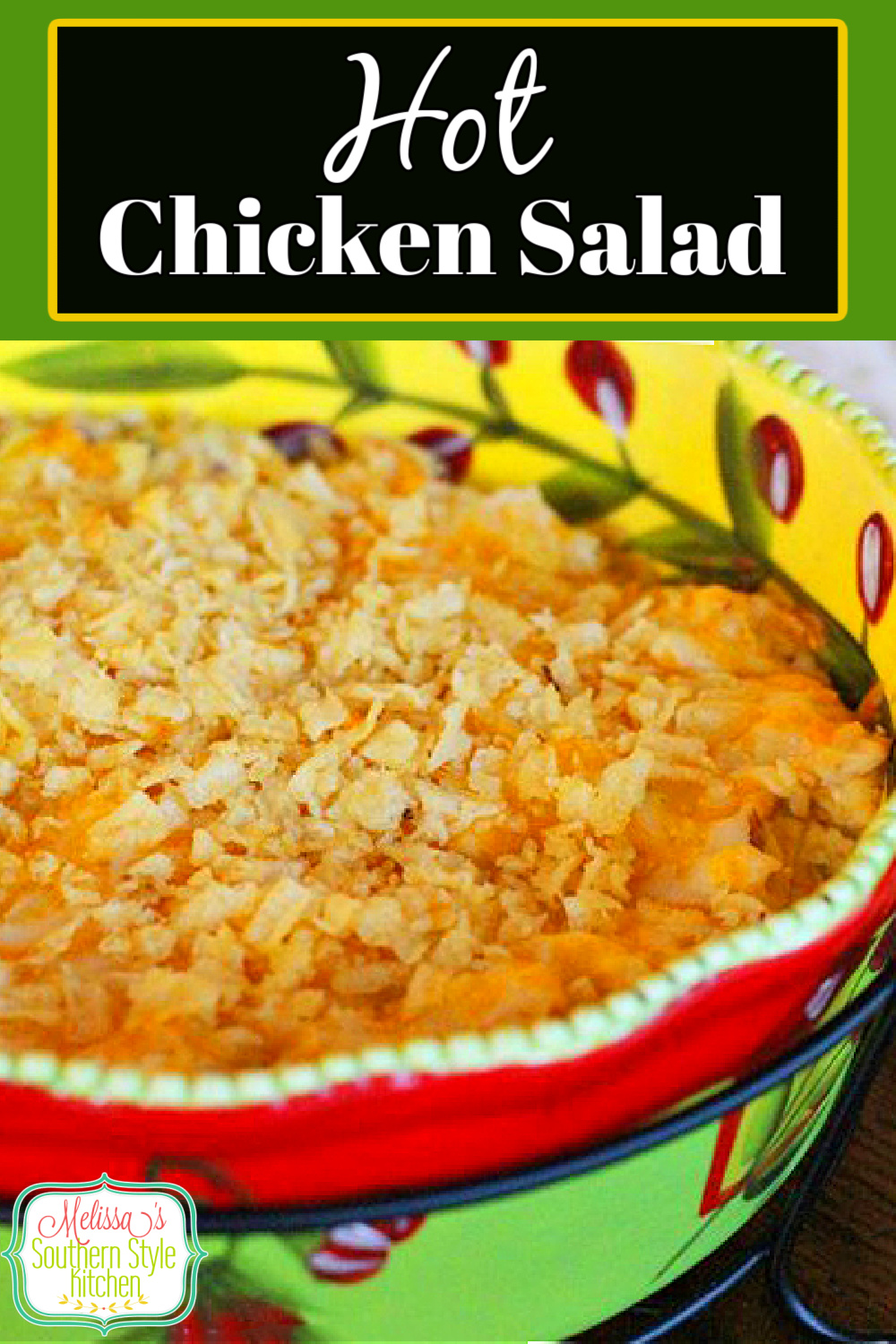 Slather this Hot Chicken Salad on crostini, crackers or chips for light meals and snacking #chickensalad #hotchickensalad #easychickenrecipes #appetizers #diprecipes #saladrecipes #holidayrecipes #gamedaysnacks #tailgating #chicken #southernfood #southernrecipes