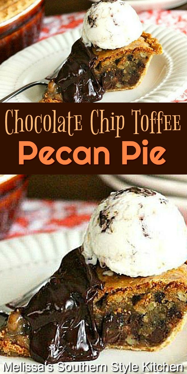 Serve this Chocolate Chip Toffee Pecan Pie warm with vanilla ice cream or whipped cream. #pecanpie #chocolatepecanpie #pecanpierecipes #pies #desserts #dessertfoodrecipes #southernfood #holidaydesserts #southernrecipes via @melissasssk