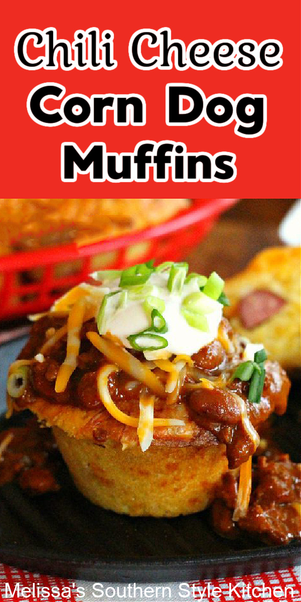 Chili Cheese Corn Dog Muffins combine all that we love about classic corn dogs smothered with beefy bean chili, sour cream and cheddar cheese #corndogs #corndogmuffins #cornbread #dinner #muffinrecipes #food #dinnerideas #chili #chilicheesedogs #southernrecipes #hotdogs