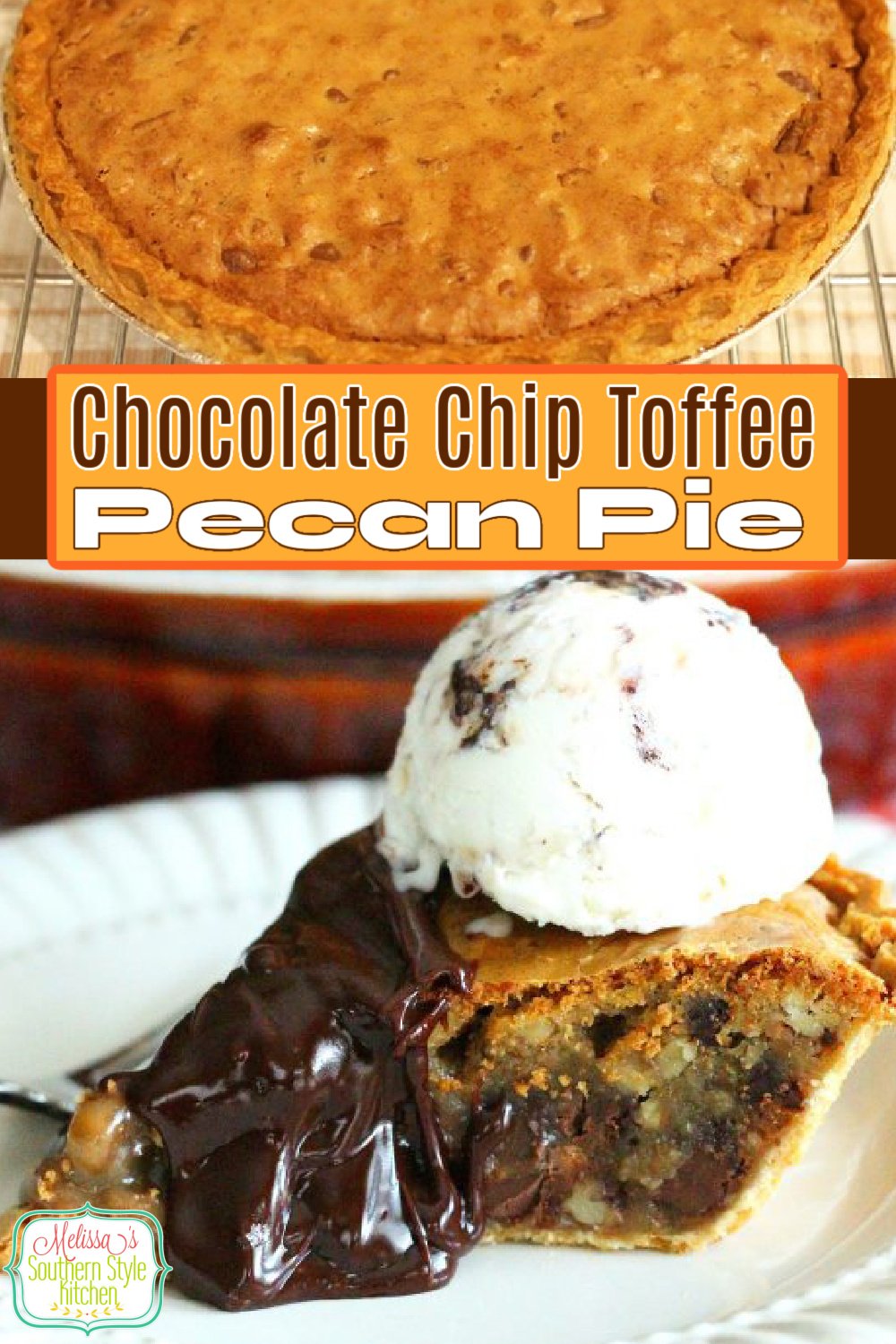 Serve this Chocolate Chip Toffee Pecan Pie warm with vanilla ice cream or whipped cream. #pecanpie #chocolatepecanpie #pecanpierecipes #pies #desserts #dessertfoodrecipes #southernfood #holidaydesserts #southernrecipes via @melissasssk