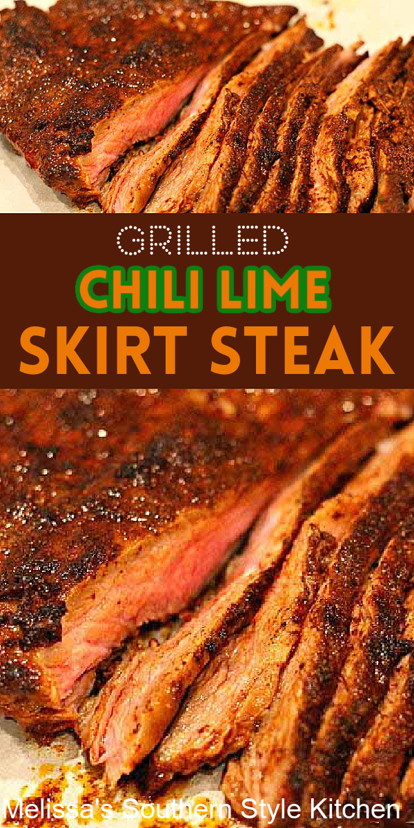 Enjoy this tender flavorful Grilled Chili Rubbed Skirt Steak as an entree, on toasted hoagie rolls or as turn it into steak tacos. #steak #skirtsteak #chili #chilirubbedsteak #beef #dinnerideas #grilling #dinner #lowcarb #ketorecipes #southernrecipes #southernfood #melissassouthernstylekitchen