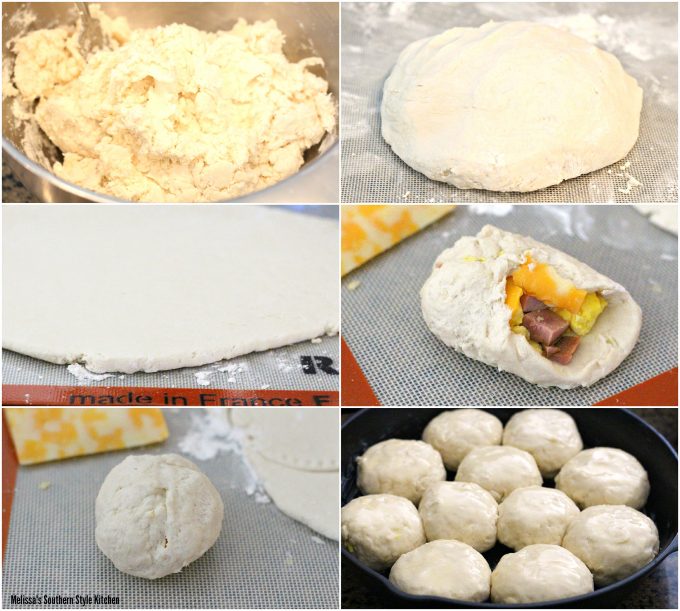 Step-by-step images of preparation of Stuffed Ham And Egg And Cheese Biscuits