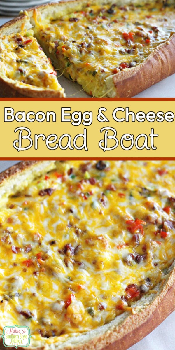 This Bacon Egg and Cheese Bread Boat makes a tasty start to your day #baconeggcheese #eggrecipes #breakfaszt #breadboat #breadrecipes #eggs #holidaybrunch #breakfast #southernfood #southernrecipes via @melissasssk