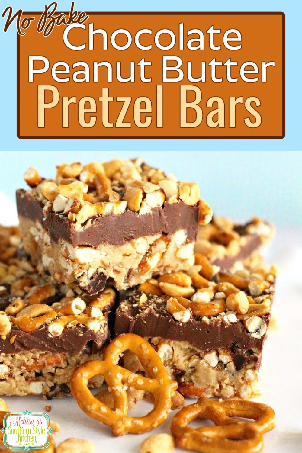 You'll love these no bake sweet and salty Chocolate Peanut Butter Pretzel Bars #chocolatebars #peanutbutterbars #pretzels #desserts #dessertfoodrecipes #southernfood #southernrecipes #pretzelbars via @melissasssk