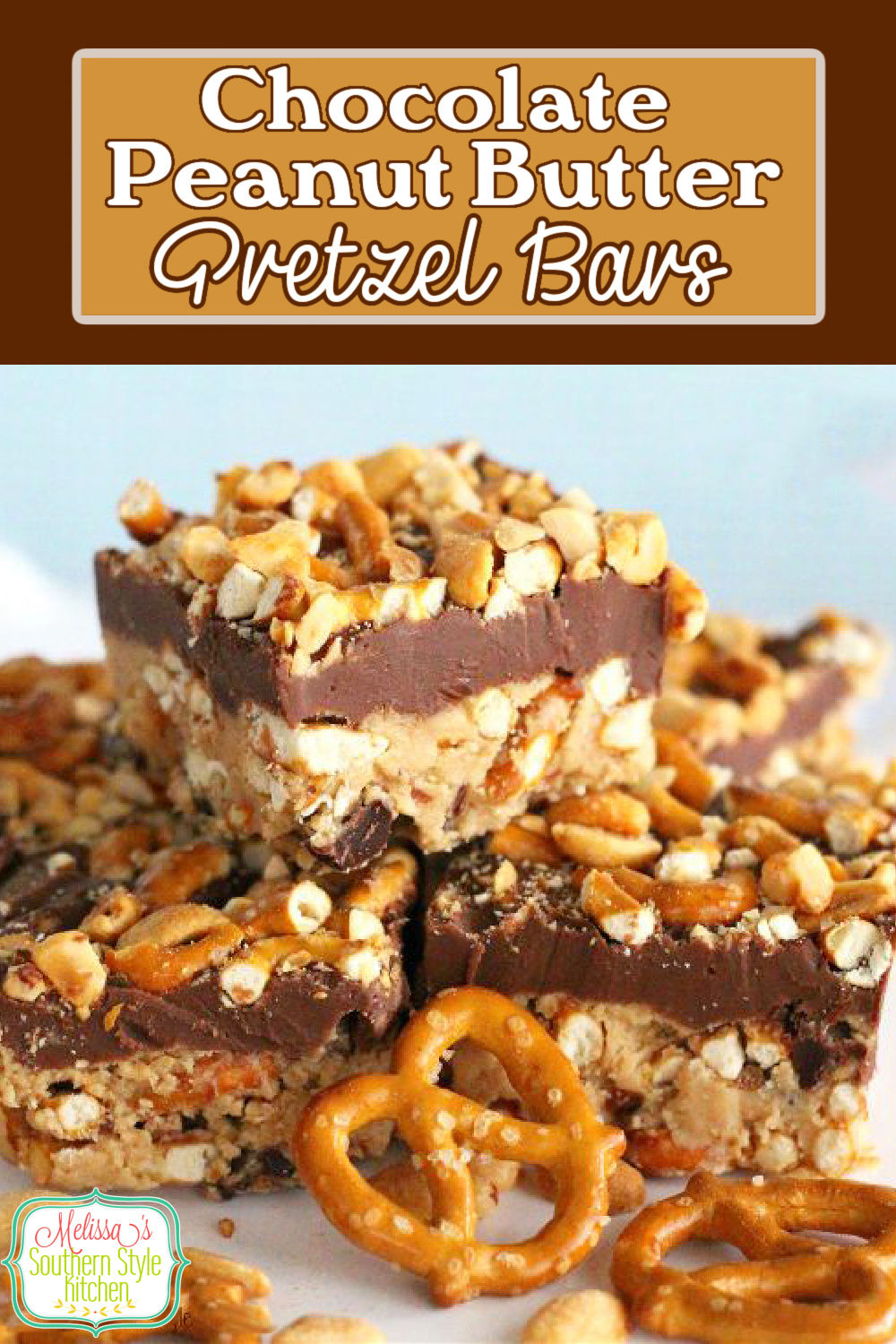 You'll love these no bake sweet and salty Chocolate Peanut Butter Pretzel Bars #chocolatebars #peanutbutterbars #pretzels #desserts #dessertfoodrecipes #southernfood #southernrecipes #pretzelbars