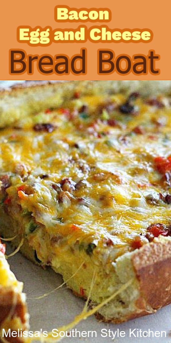 This Bacon Egg and Cheese Bread Boat makes a tasty start to your day #baconeggcheese #eggrecipes #breakfaszt #breadboat #breadrecipes #eggs #holidaybrunch #breakfast #southernfood #southernrecipes