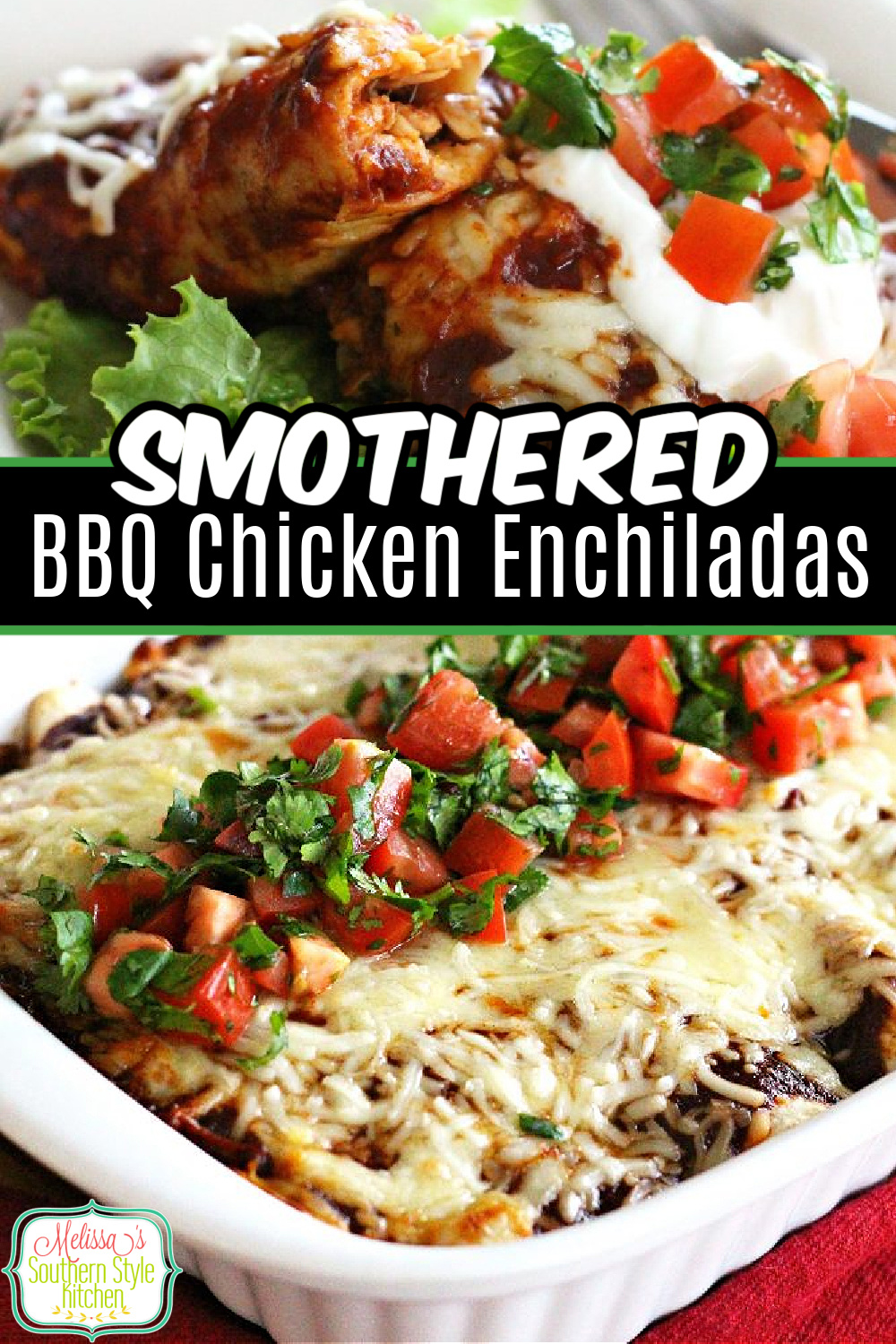 This fusion recipe for Smothered Barbecue Chicken Enchiladas combines two favorites into one South of the border inspired meal #enchiladas #barbecuechicken #easychickenrecipes #chicken #mexicanfood #chickenchiladas #southernrecipes via @melissasssk