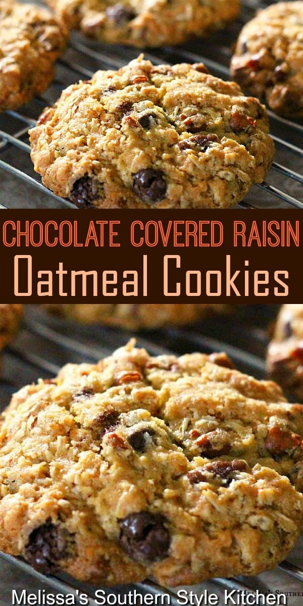 These classic cookies get an update with pecans and chocolate covered raisins #oatmealraisincookies #cookies #oatmealcookies #chocolate #pecancookies #cookierecipes #holidaybaking #holidays #christmascookies #chocolatecoveredraisins #southernfood #southernrecipes