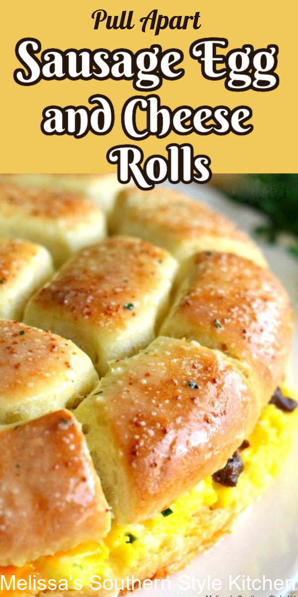 These buttery Pull Apart Sausage Egg and Cheese Rolls make a tasty start to your day #rolls #sausageandeggs #sausageeggandcheeserolls #breadrecipes #breakfast #brunch #holidaybrunch #eggs #eggrecipes #pork #southernfood #southernrecipes