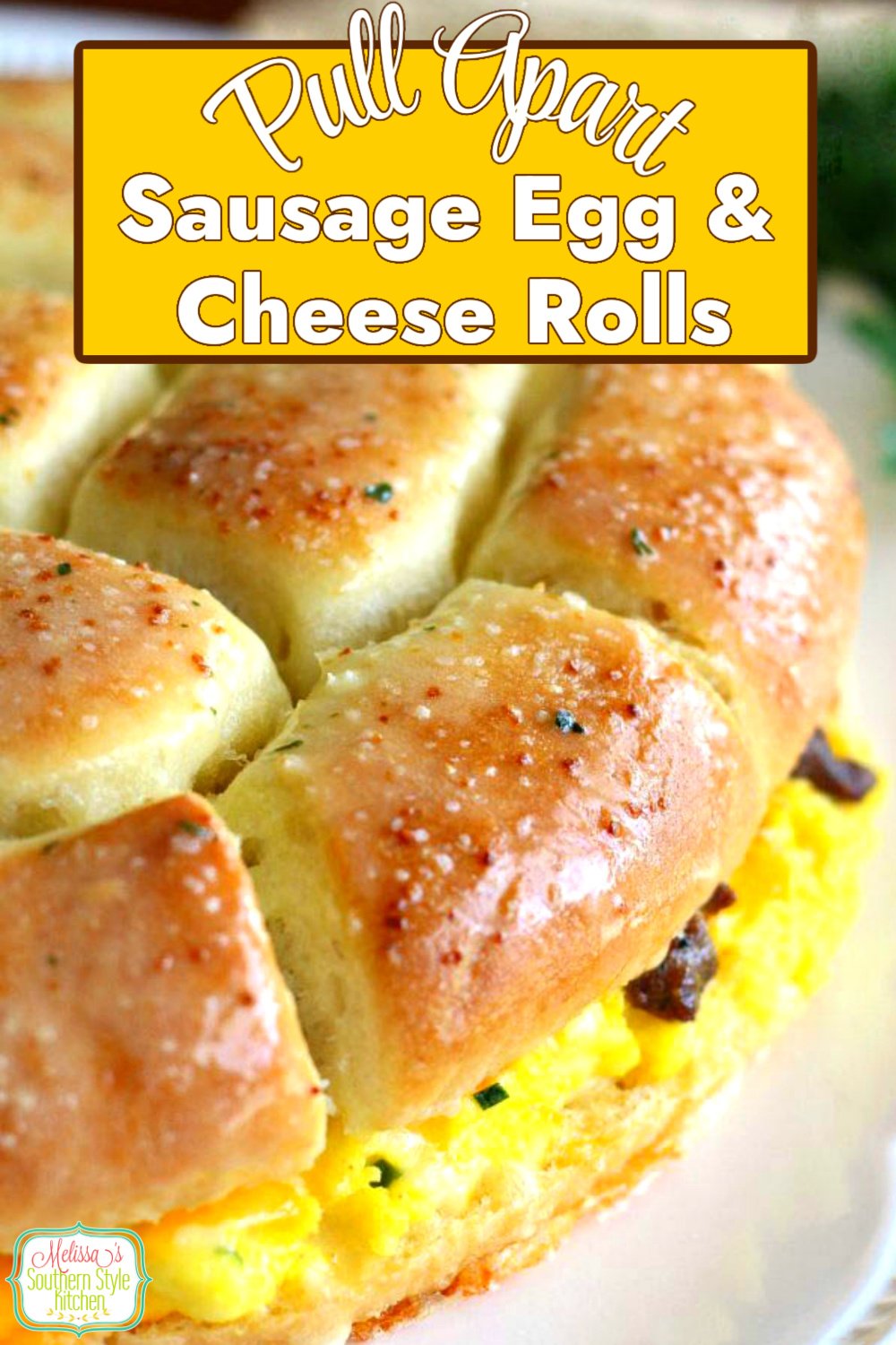 These buttery Pull Apart Sausage Egg and Cheese Rolls will make a tasty start to your day #rolls #sausageandeggs #sausageeggandcheeserolls #breadrecipes #breakfast #brunch #holidaybrunch #eggs #eggrecipes #pork #southernfood #southernrecipes via @melissasssk