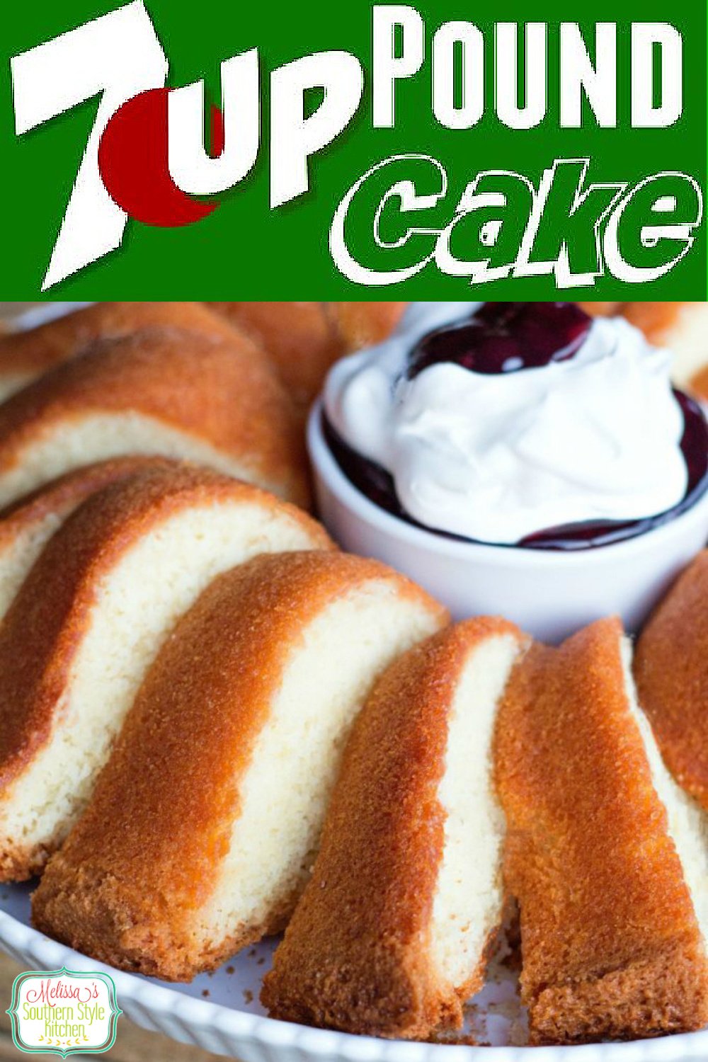 Seve this 7 Up Pound Cake with whipped cream and berries for a sweet ending to any meal #7uppoundcake #poundcakerecipes #bestpoundcakes #cakes #cakerecipes #desserts #dessertfoodrecipes #southernfood #southernrecipes #poundcake #southernpoundcake via @melissasssk