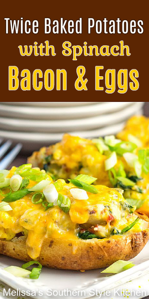 Elevate your breakfast and brunch menu with these Twice Baked Potatoes with Spinach Bacon and Eggs #twicebakedpotatoes #bakedpotatoes #brunch #breakfast #baconandeggs #spinachrecipes #holidaybrunch #eggs #bacon via @melissasssk