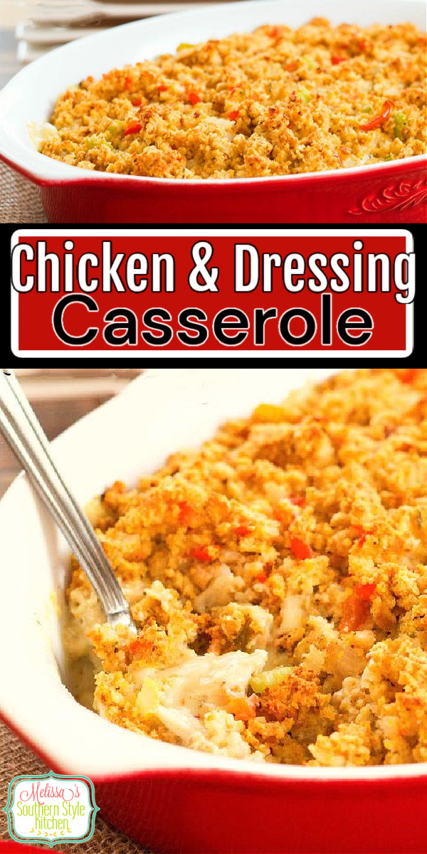 Serve this Chicken and Dressing Casserole with a heaping helping of mashed potatoes for a down home feast any night of the week #chickenanddressing #easychickenrecipes #chickencasserole #cornbreaddresing #dressingrecipes #southerncornbreadressing #thansgivingrecipes #chickencasserolerecipes via @melissasssk