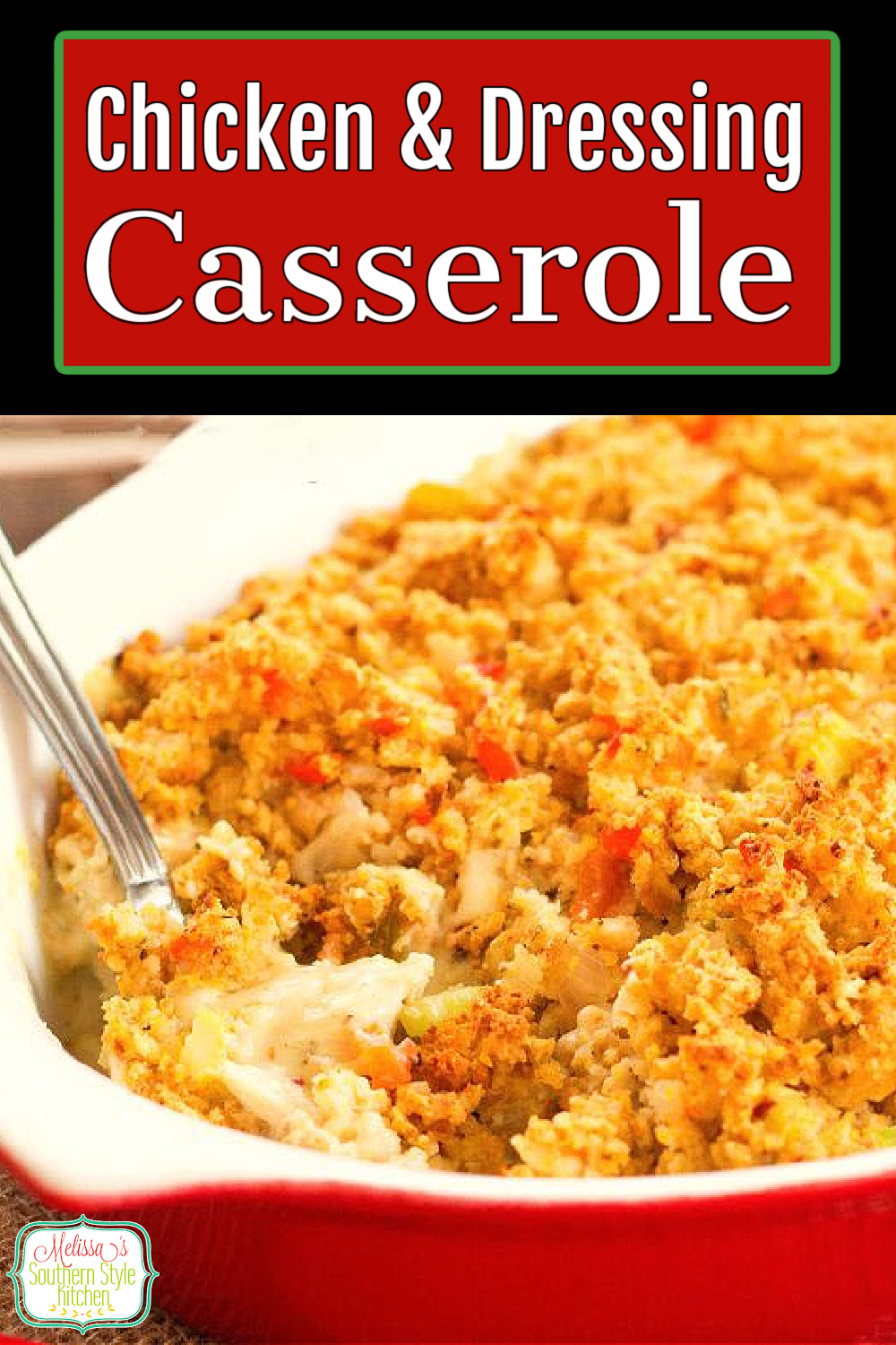 Serve this Chicken and Dressing Casserole with a heaping helping of mashed potatoes for a down home feast any night of the week #chickenanddressing #easychickenrecipes #chickencasserole #cornbreaddresing #dressingrecipes #southerncornbreadressing #thansgivingrecipes #chickencasserolerecipes via @melissasssk