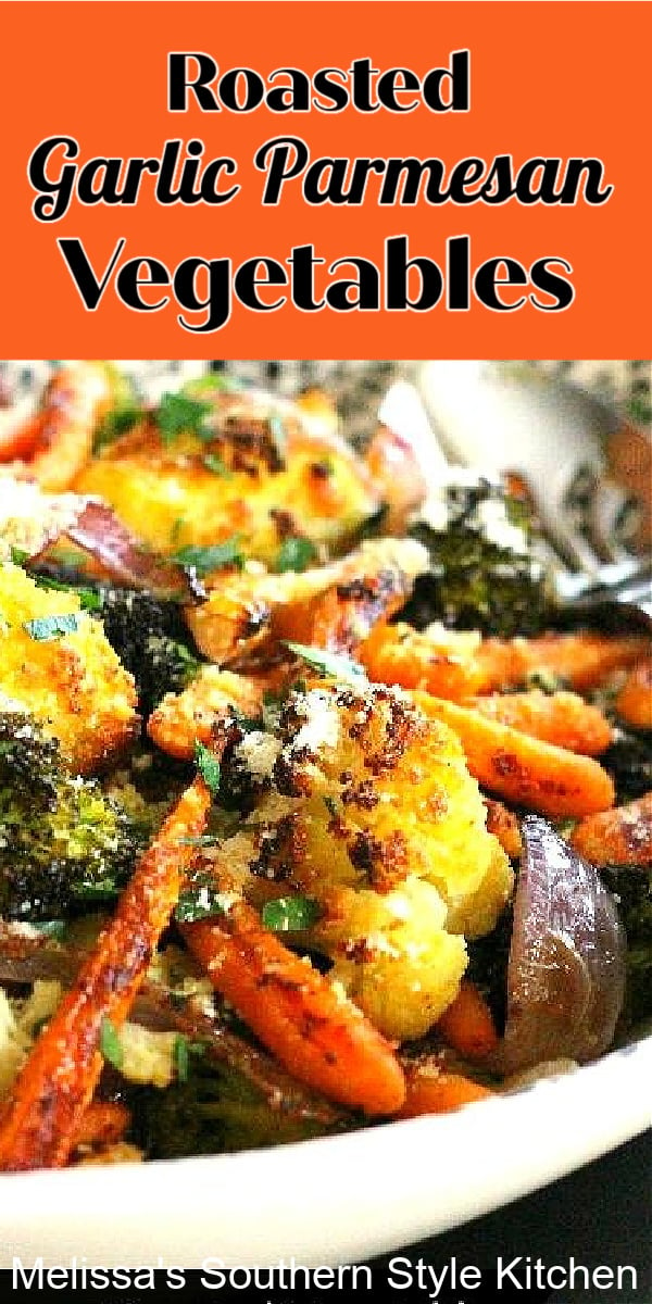 This simple side dish proves food doesn't have to be fussy to be a good and impressive dish to enjoy #garlicparmesanroastedvegetables #roastedvegetables #vegetables #roasting #vegetarian #healthyfood #gardening #southernfood #southernsidedish #sidedishrecipes #cauliflower #carrots #broccoli