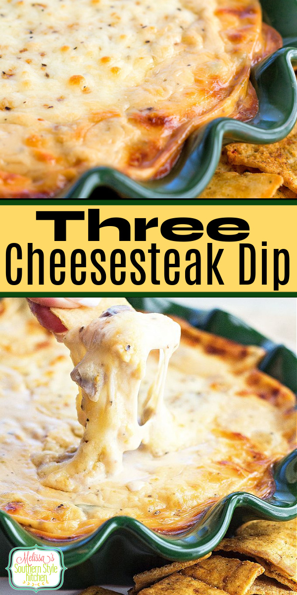 Serve this gooey Three Cheesesteak Dip with warm with pita chips or crostini for dipping #cheesesteaks #cheesesteakdip #diprecipes #cheesedip #easyappetizers #steak #cheesesteakdip via @melissasssk