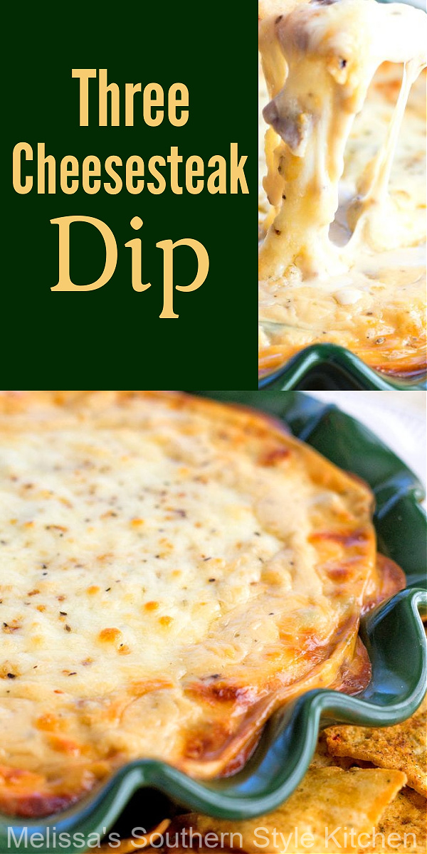Serve this gooey Three Cheesesteak Dip with warm with pita chips or crostini for dipping #cheesesteaks #cheesesteakdip #diprecipes #cheesedip #easyappetizers #steak #cheesesteakdip