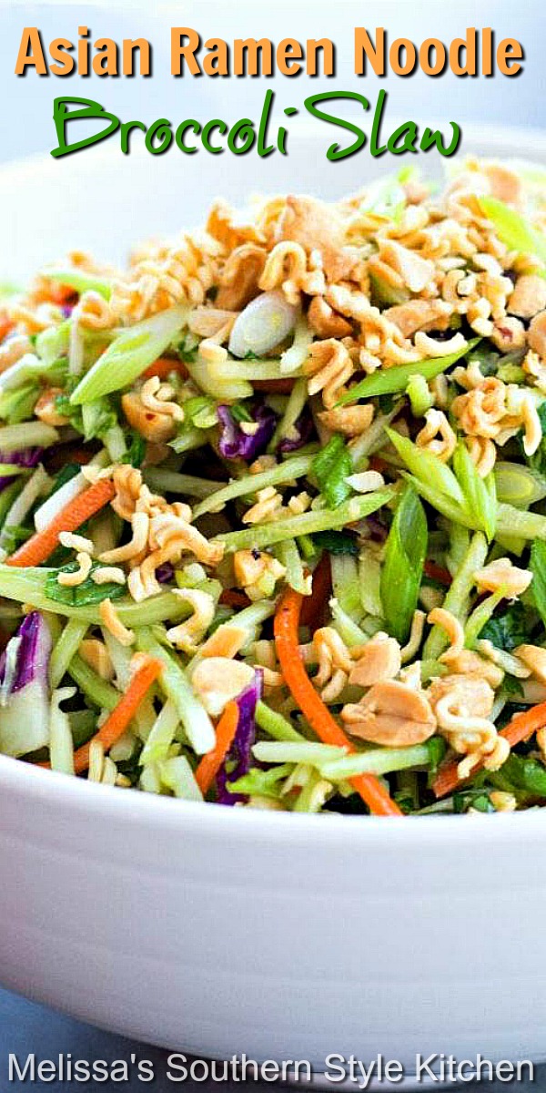 You'll add crunch and color to your side dish menu with this scrumptious Asian Ramen Noodle Broccoli Slaw #broccolisalw #ramen #Asianinspired #salads #broccoli #vegetarian #picnicfood #sidedishrecipes #southernfood #southernrecipes #slaw