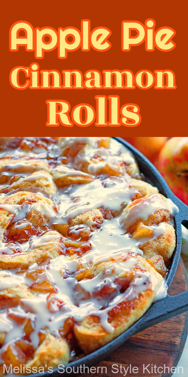 These ooey gooey Apple Pie Cinnamon Rolls are impossible to resist #applepie #applepiecinnamonrolls #cinnamonrolls #pizzadough #easycinnamonrolls #applerecipes #apples #rolls #brunch #breakfast #southernfood #fallbaking #holidaybrunch #southernrecipes