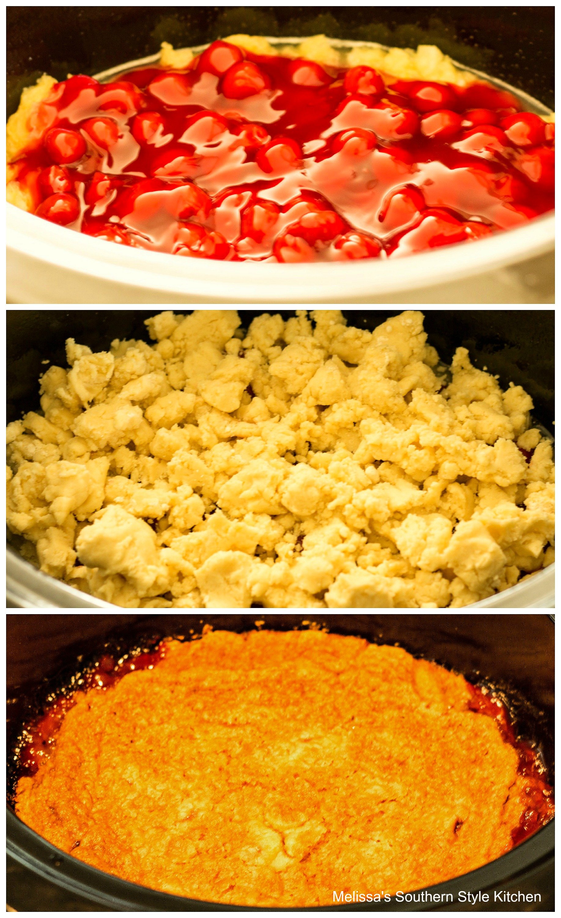 step-by-step images of ingredients to make dump cake in a crockpot