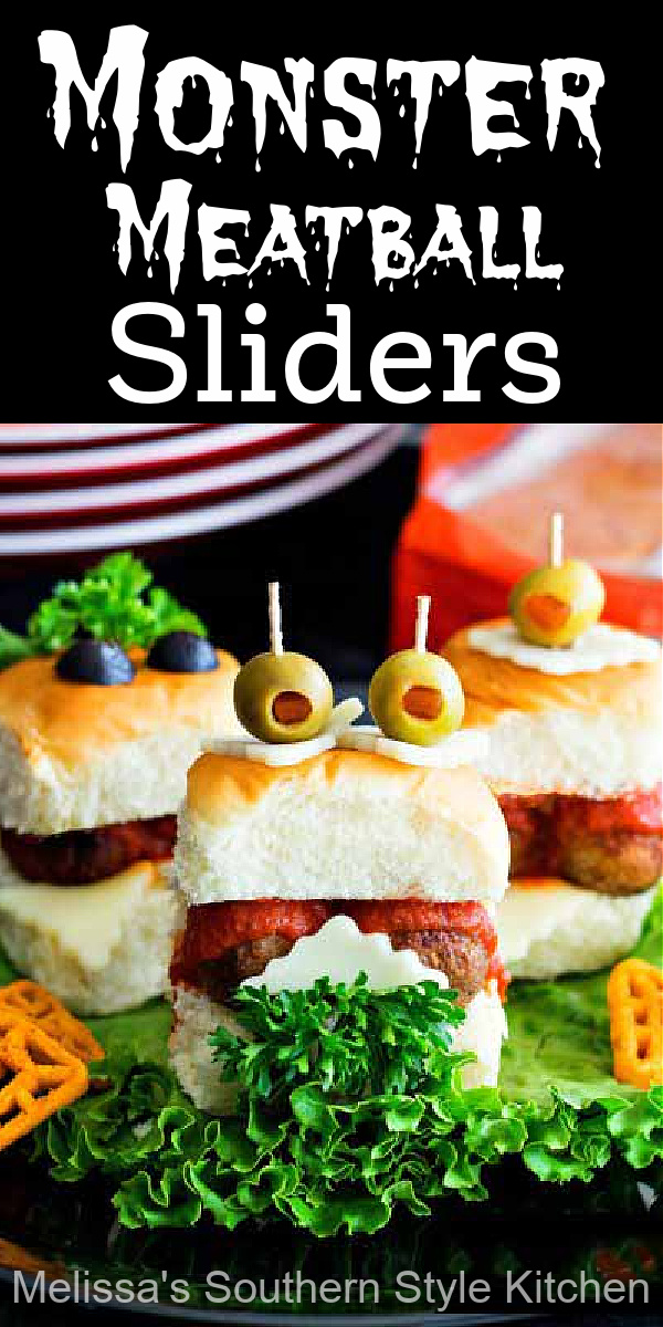 These too cute to be scary little Monster Meatball Sliders are the perfect snacks for your tiny characters this Halloween #meatballsliders #monstermeatballsliders #slidersrecipes #sliders #italiansmeatballs #partyfood