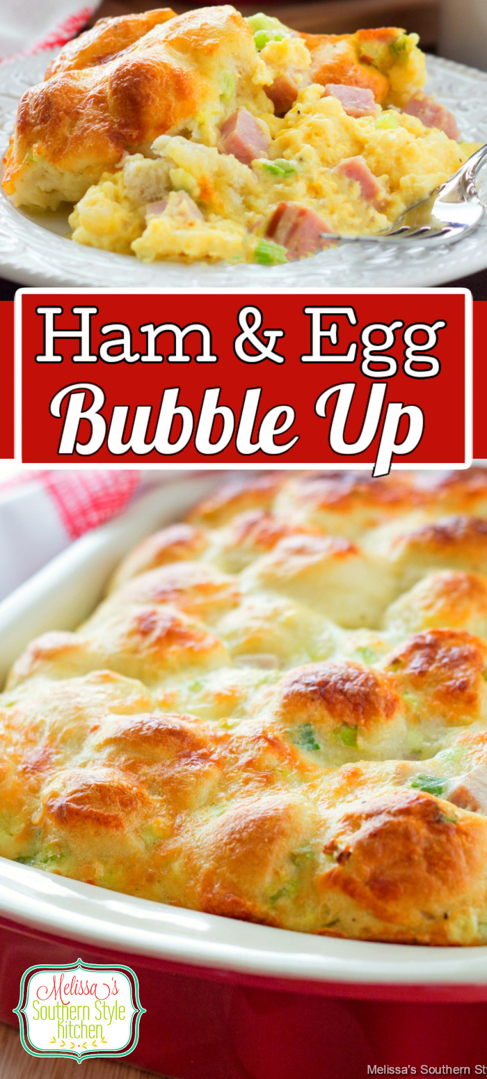 This delicious Ham and Egg Bubble Up is a spectacular start to any day #hamandeggs #bubbleup #hamandeggcasserole #breakfast #brunch #breakfastcasserole #eggs #leftoverham #dinner ideas #holidaybrunch #Christmasbrunch #southernfood #southernrecipes