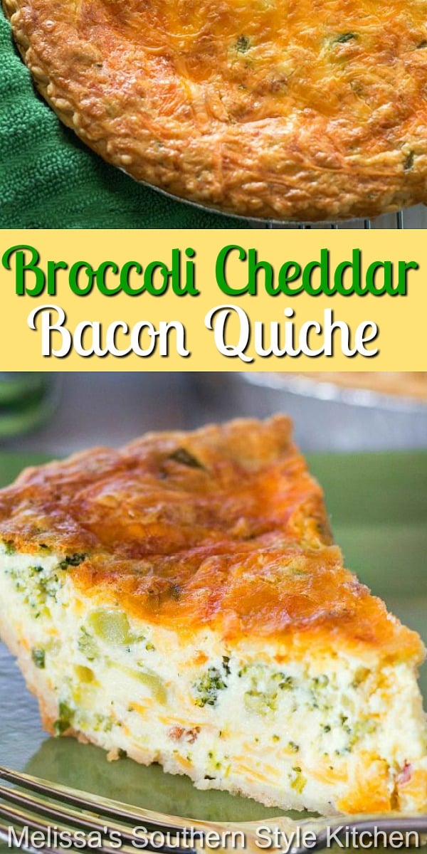 Enjoy a big piece of this Broccoli Cheddar Bacon Quiche at any meal of the day #cheddarbroccolibaconquiche #broccolicheddar #quiche #cheddarquiche #bacon #bestquicherecipes #brunch #breakfast #dinner #dinnerideas #broccoli #southernrecipes #southernfood