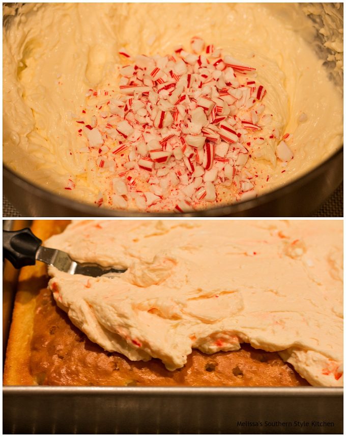 cheesecake and candy canes in a mixing bowl