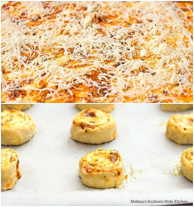 puff pastry on a rolling mat with cheese cut into pinwheels