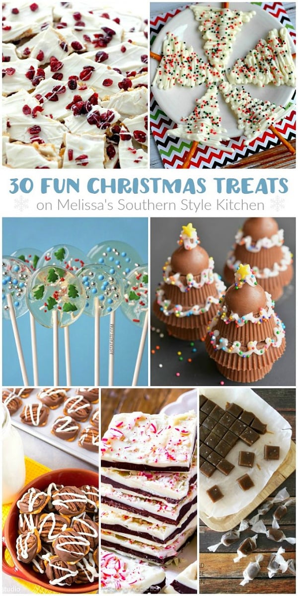 This delicious collection of 30 Fun Christmas Treats has something for everyone to love #candycanes #christmascandy #christmascookies #candy #candyrecipes #christmastrees #cranberries #candybark #chocolate