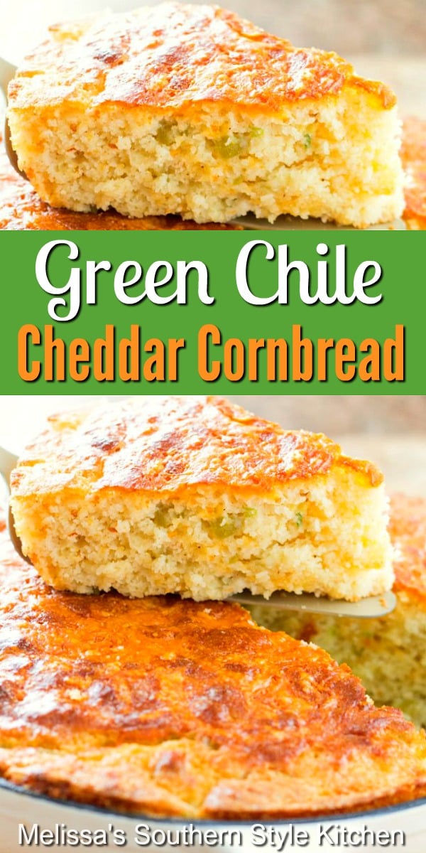 Add some spice to your cornbread menu with this Green Chile Cheddar Cornbread #greenchilecornbread #cheddarcornbread #cornbreadrecipes #cornbread #greenchiles #southernfood #breadrecipes #southernfood