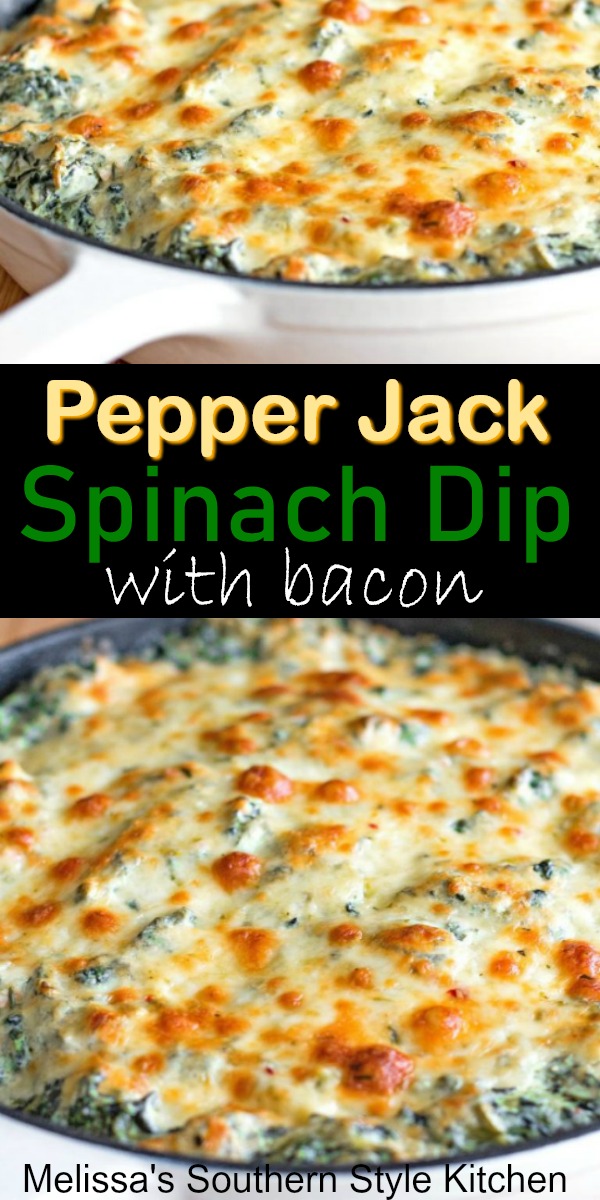 Add this Pepper Jack Spinach Dip with Bacon to your appetizer menu ASAP #spinachdip #bacon #pepperjackcheese #spinachrecipes #appetizers #partyfood #footballrecipes #southernfood #southernrecipes