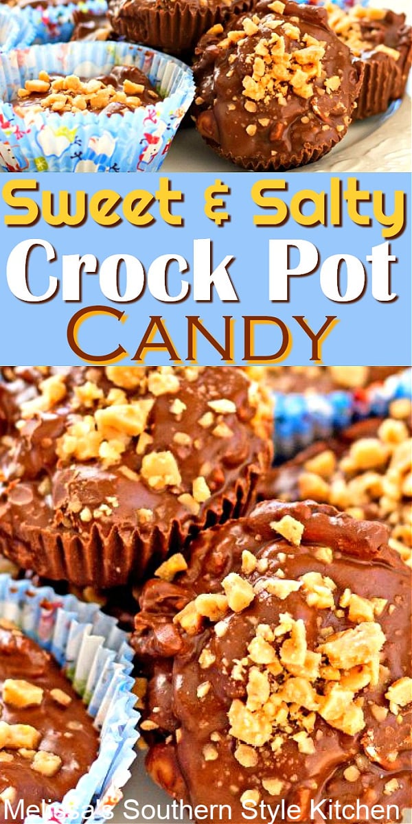 Sweet and Salty Crock Pot Candy is a delicious option for holiday snacking and gift giving #crockpotcandy #candy #sweetandsalty #slowcookercandy #candyrecipes #christmascandy #holidayrecipes #chocolate #desserts #dessertfoodrecipes #dessertrecipes #southernrecipes #southernfood #melissassouthernstylekitchen