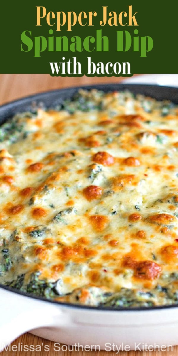 Add this Pepper Jack Spinach Dip with Bacon to your appetizer menu ASAP #spinachdip #bacon #pepperjackcheese #spinachrecipes #appetizers #partyfood #footballrecipes #southernfood #southernrecipes
