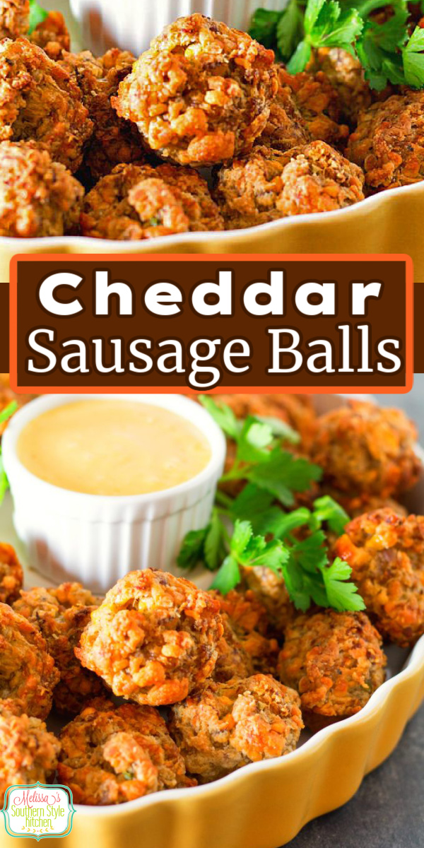 These bite size Cheddar Sausage Balls make the ideal starter for any occasion #sausageballs #snacks #appetizers #brunch #partyfood #southernrecipes #southernfood #cheddarcheese #cheddarsausageballs #sausage