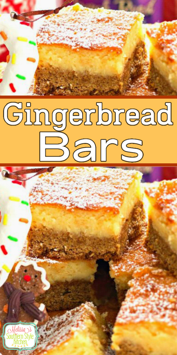 These Gingerbread Chess Bars a.k.a. gooey butter cake, will make the perfect addition to your holiday goodies! #gingerbreadgooeybuttercake #gingerbreadchessbars #gooeybuttercake #gingerbreadrecipes #holidaybaking #gingerbreadcake #gingerbreadbars via @melissasssk