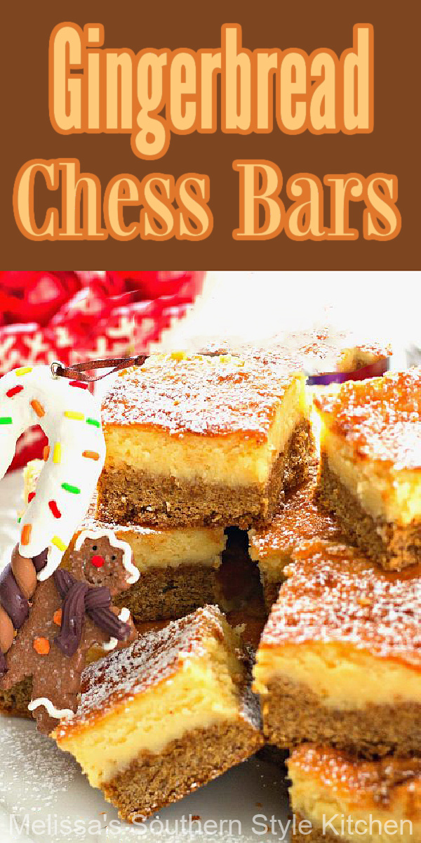 These Gingerbread Chess Bars a.k.a. gooey butter cake, will make the perfect addition to your holiday goodies! #gingerbreadgooeybuttercake #gingerbreadchessbars #gooeybuttercake #gingerbreadrecipes #holidaybaking #gingerbreadcake #gingerbreadbars