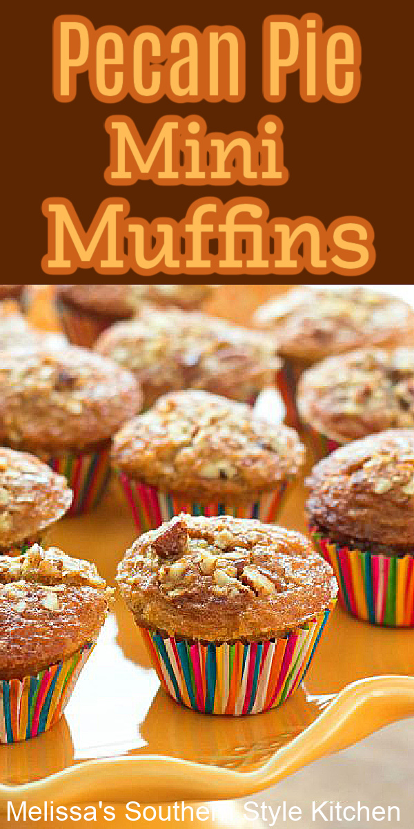 Bring pecan pie to breakfast with these two-bite Pecan Pie Mini Muffins. #pecanpiemuffins #pecanpierecipes #pecanpies #pecanmuffins #pecanpieminimuffins #brunch #breakfast #muffinrecipes via @melissasssk