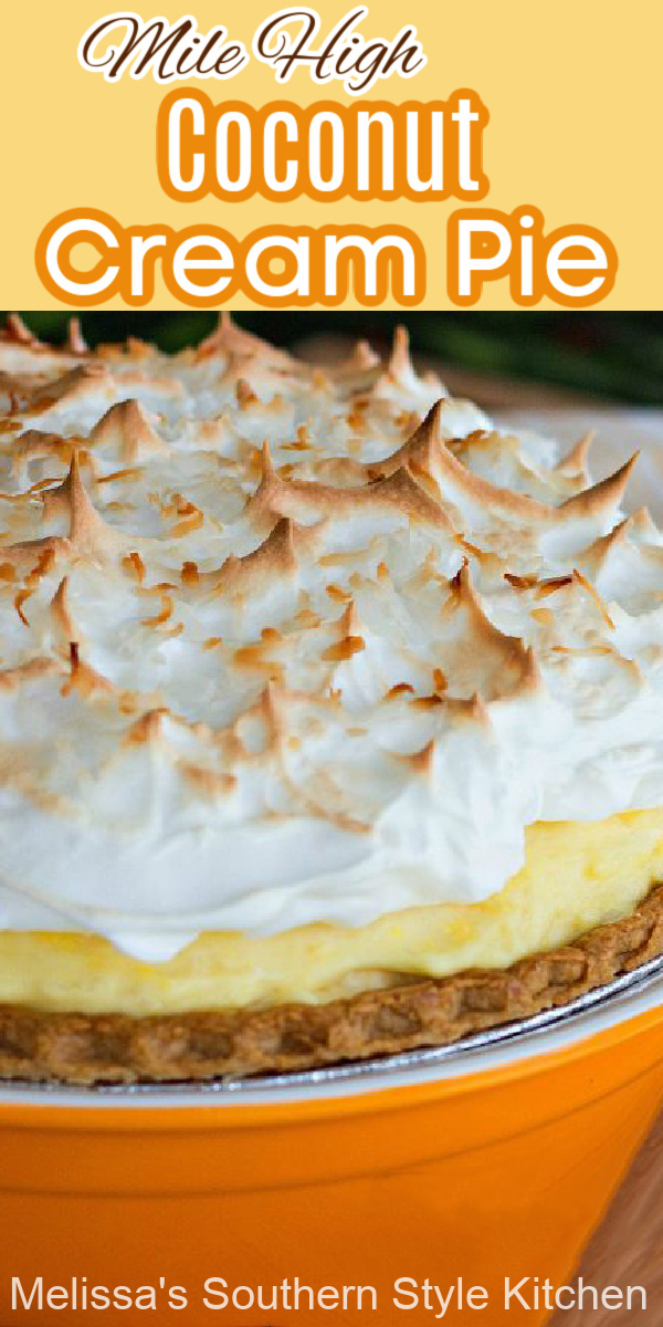This Mile High Coconut Cream Pie is filled with a dreamy no-bake filling that's simply delicious! #coconutcreampie #coconutpie #pierecipes #Southerncoconutcreampie #pies #southernrecipes #milehighcoconutcreampie