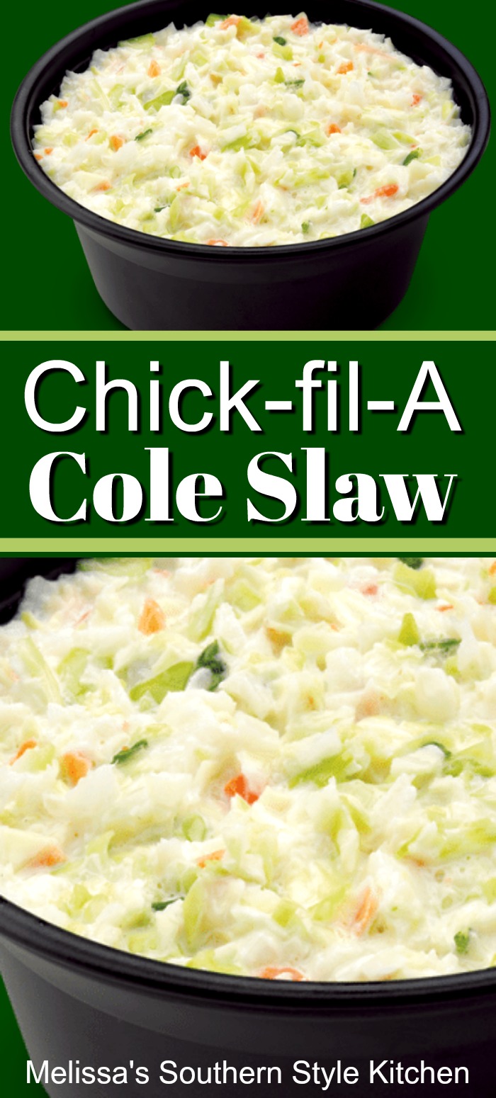 Make your own Chick-fil-A cole slaw at home to go with chicken and barbecue or use as a topping for your favorite grilled hot dogs #chickfila #coleslawrecipe #copycat #copycatcoleslaw #homemadecoleslawrecipe #easycoleslaw