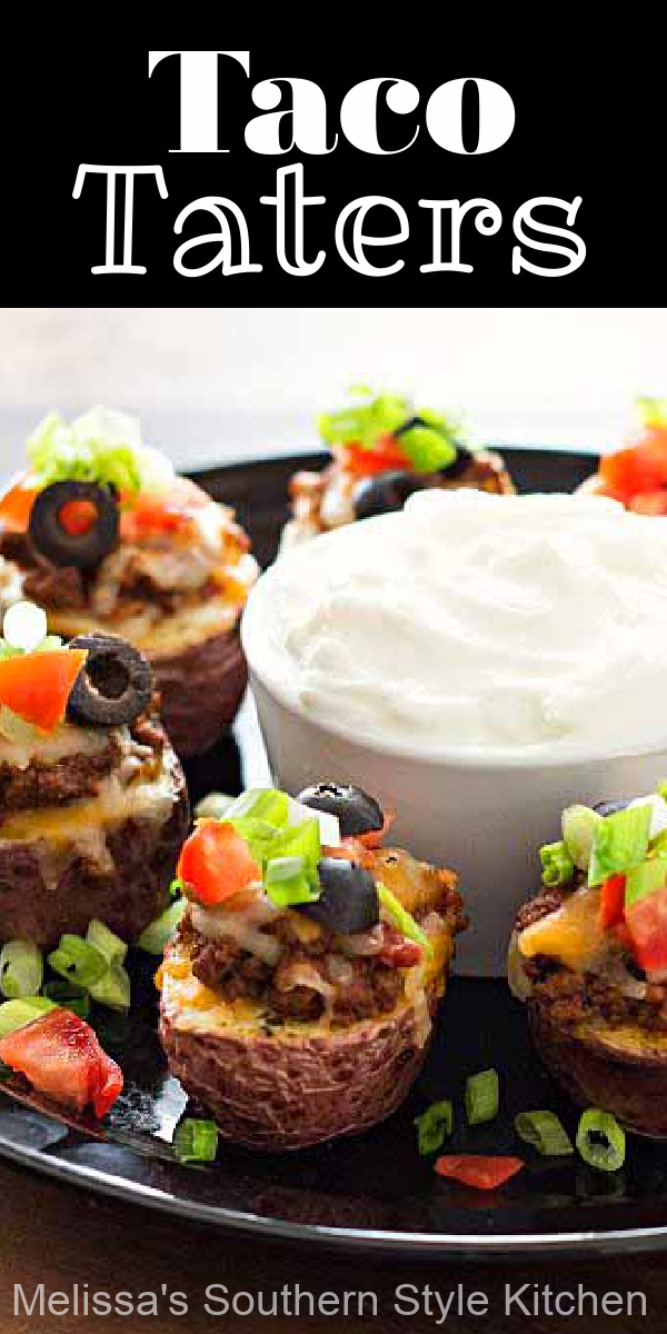 Up your game day snack menu with these mini Taco Taters served topped with all of your favorite South of the border taco fixing's #tacos #tacotaters #potatoes #potatoskins #gamedaysnacks #appetizers #tacotuesdayrecipes #southernstyle